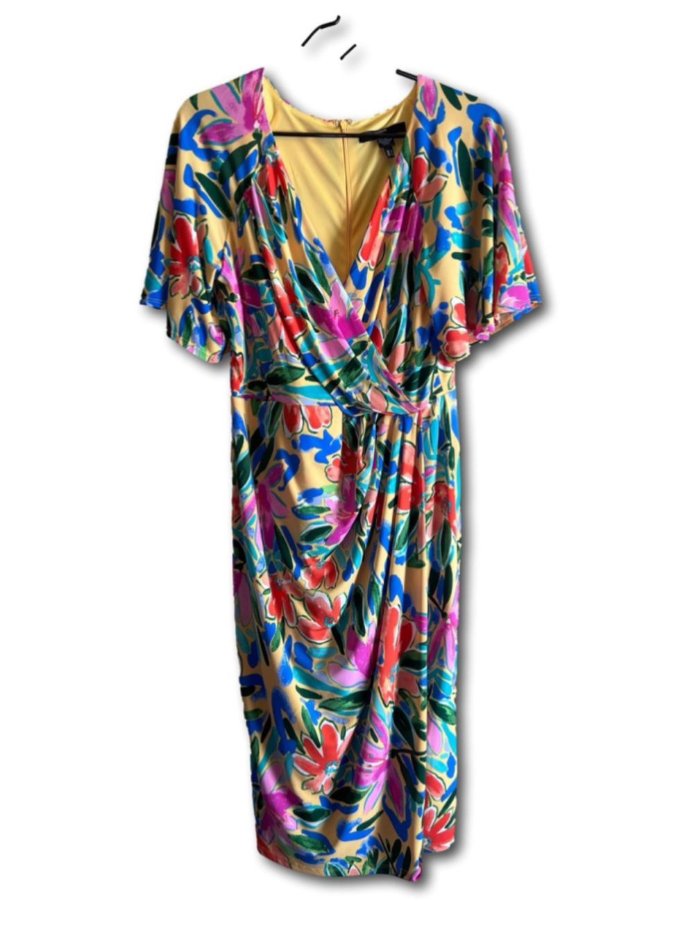Maggy London Wrap Dress Short Sleeves Tropical Floral Multicolor Lined Size 10